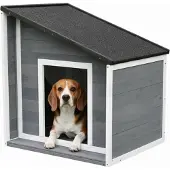 Relaxdays Niche pour chien , en bois, résistante aux intempéries, toit incliné rabattable, niche pour petits chiens, dimensions intérieures : 77 x 71 x 58 cm, gris/blanc