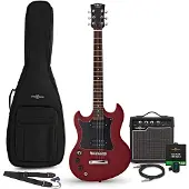 Gear4Music Brooklyn Left Handed Electric Guitar Red 10W Guitar Amp & Accessory Pack