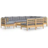vidaXL Ensemble salon de jardin 10 pièces avec coussins gris pin massif