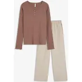 Bonprix Pyjama avec un T-shirt côtelé et un pantalon tissé