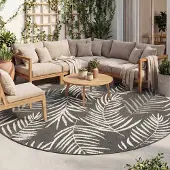 FRAAI Tapis d'extérieur rond - Malta Leaves Noir | Ø 100 cm | Rond |