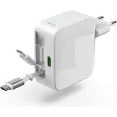 Hama Chargeur rapide, GaN, 2 USB-C, câble charge extens., PD, 65 W, blanc