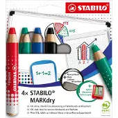 Stabilo MARKdry Coffret de 4 crayons marqueurs pour tableau blanc avec taille-crayon et chiffonnette