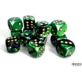 Chessex Gemini 16mm d6 avec points Blocs de dés (12 dés) - Noir-Vert avec or