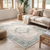 FRAAI Tapis vintage - Spring Medallion Crème/Vert | 140x200 cm | Rectangulaire | Pile courte