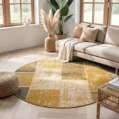 FRAAI Tapis patchwork rond - Spring Jaune Ocre/Taupe | Ø 100 cm | Rond | Pile courte