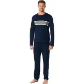 Schiesser Pyjama long ' Casual Nightwear ' beige / bleu marine / gris