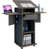 VCM Bureau du haut-parleur Wood Mobile | Dimensions env. H. 107 à 128 cm x L. 60 à 123 cm x D. 44 cm | Roulable avec tiroir | Bureau | Table debout - Salia