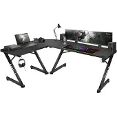 Huzaro Hero 7.0 Table de jeu Bureau PC Ordinateur Bureau ergonomique en carbone Plateau de table Crochet pour écouteurs Porte-boissons Antidérapant Protection des pieds Noir 154 x 117 x 73 cm Grand