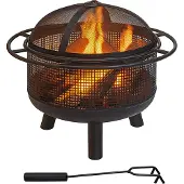 Relaxdays Brasero avec pare-étincelles, dimensions : 52 x 60 cm, tisonnier, jardin et terrasse, foyer d'extérieur, fer, noir
