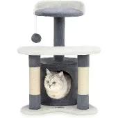 Lionto Arbre à chat griffoir et jeu, 65 cm d'arbre à chat stable avec troncs en sisal, grotte en peluche & balle de jeu, idéal pour les petits chats, gris/blanc