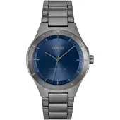 HUGO Lit Montre en acier plaqué gris à cadran bleu