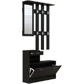 HOMCOM Ensembles 3 en 1 de meuble d'entrée vestiaire avec panneau porte-manteau, miroir et banc à chaussures - 6 crochets et étagère réglable, noir