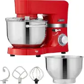 Arebos Robot Pâtissier Professionnel 1500W Rouge Robot de Cuisine Multifonction avec Fouet, Batteur, Crochet Avec 2 Bols d'Acier Inoxydable 6 Vitesses Fonction Pulse
