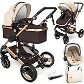 Kiduku Poussette combinée 3 en 1 Beige/Marron