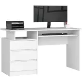 Akord Bureau 135 cm Blanc avec tiroirs et étagère pour bureau et home office