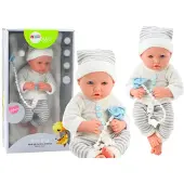 Leantoys Poupée bébé en vêtements rayés blancs et gris, chapeau, sucette, courtepointe