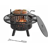Relaxdays Brasero , Ø 91,5 cm, grille réglable, couvercle et tisonnier, foyer de jardin, panier à feu, noir