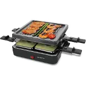 Emerio Set gourmet – Appareil à raclette – 600 W – 4 personnes – Revêtement antiadhésif – Plaque de cuisson en acier – Antidérapant – 4 spatules et poêlons inclus – RG-120656
