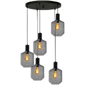 Masterlight Suspension loft 5 lumières - noire - Porto avec des verres à fumée Jagger