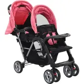 vidaXL Poussette tandem acier rose et noir