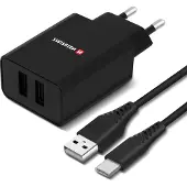 Swissten Smart IC Tīkla Lādētājs 2x USB 2.1A ar USB-C vadu 1.2 m Melns