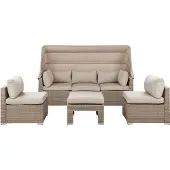 Beliani Salon De Jardin 5 Places En Rotin Marron Clair Avec Toit Pare-Soleil Coccolia