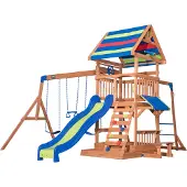 Backyard Discovery Northbrook, Aire De Jeux En Bois | Portique Balançoire Avec Mur D'Escalade, Toboggan Et Balançoire, Bac À Sable | Trapèze Et Banc,