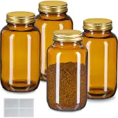 Relaxdays Bocaux en verre brun, lot de 4, 400 ml, avec couvercle et étiquettes, bocaux pour herbes médicinales, épices, boîtes de conservation, brun/doré