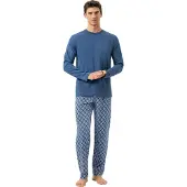 Mey Pyjama long 'Silhouettes' bleu foncé / blanc