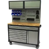 HBM établi mobile 136 cm avec 7 tiroirs, porte et paroi d’armoire, accessoires inclus, gris