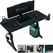 Sense7 Nomad Basic : bureau gaming 120 x 60 cm, bureau d'ordinateur, bureau PC, bureau pour gamers, aspect carbone, support pour casque, gestion des câbles