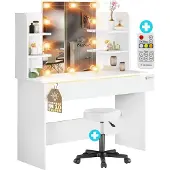 Casaria Coiffeuse Lucia Blanc 140x110x40cm avec LED + tabouret à roulettes
