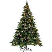 Beliani Sapin de Noël artificiel de 210 cm, recouvert de neige, avec des lumières et des pommes de pin, support noir