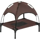 PawHut Lit surélevé pour chien avec baldaquin, lit pour animaux domestiques, lit pour chien à l'extérieur avec toit, respirant, tissu taffetas pour le camping Café 61 x 46 x 62 cm