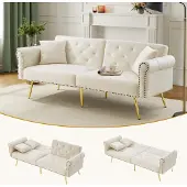 MODFU Canapé DroitConvertible - 2 Places Dossier Réglable Tissu Velours Beige
