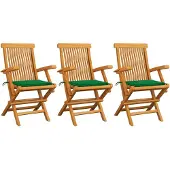vidaXL Chaises de jardin avec coussins verts 3 pcs. Bois massif teck