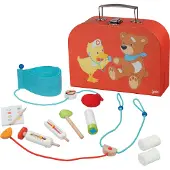 Goki 51009 Mallette de médecin 25 x 8,5 x 23 cm, bois, textile, 10 pièces, multicolore