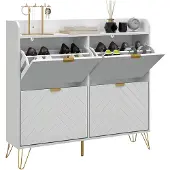 HOMCOM Meuble à chaussures 4 abattants style art déco - dim. 106L x 24l x 102H cm - acier doré MDF blanc