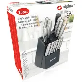 Alpina Set de couteaux - Bloc de couteaux - 15 pièces - acier inoxydable - Noir/Argent