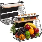 Relaxdays Obstkorb Wandregal magnetisch 2er Set, Organisateurs de cuisine, Noir, Marron