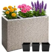 Casaria Jardiniere en résine tressée crème 83 x 30,5 x 60cm avec 3 pots