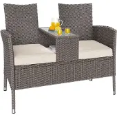 Casaria Banc de jardin crème 145x58x87cm en résine tressée avec table