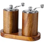 INF Ensemble de 2 moulins à poivre manuels couleur rétro avec base en acacia en forme de U