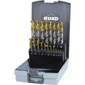 RUKO Jeu de forets hélicoïdaux DIN 338 type N, HSS-G avec revêtement de pointe TiN en cassette plastique - 19 pces - 2501214TRO