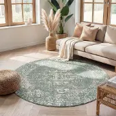 FRAAI Tapis rond vintage - Spring Ethnic Vert/Crème | Ø 280 cm | Rond | Pile courte