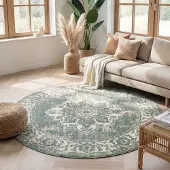 FRAAI Tapis rond vintage - Spring Medallion Vert/Crème | Ø 240 cm | Rond | Pile courte