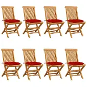vidaXL Chaises de jardin avec coussins rouges 8 pcs. Bois massif teck