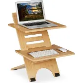 Relaxdays Rehausse de bureau , réglable en hauteur, 2 étagères, bambou, rehausse de bureau, travail debout, naturel
