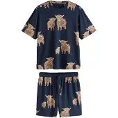 Next Pyjama court 'Hamish The Highland Cow' beige foncé / bleu nuit